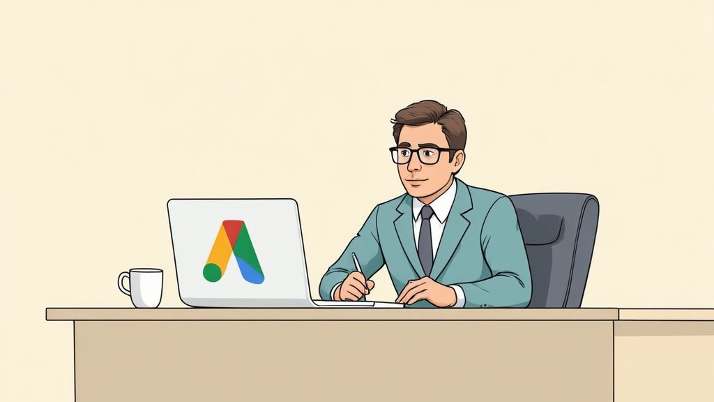 Ein Anwalt arbeitet konzentriert an seinem Laptop, um eine Google Ads Kampagne für seine Kanzlei zu erstellen.