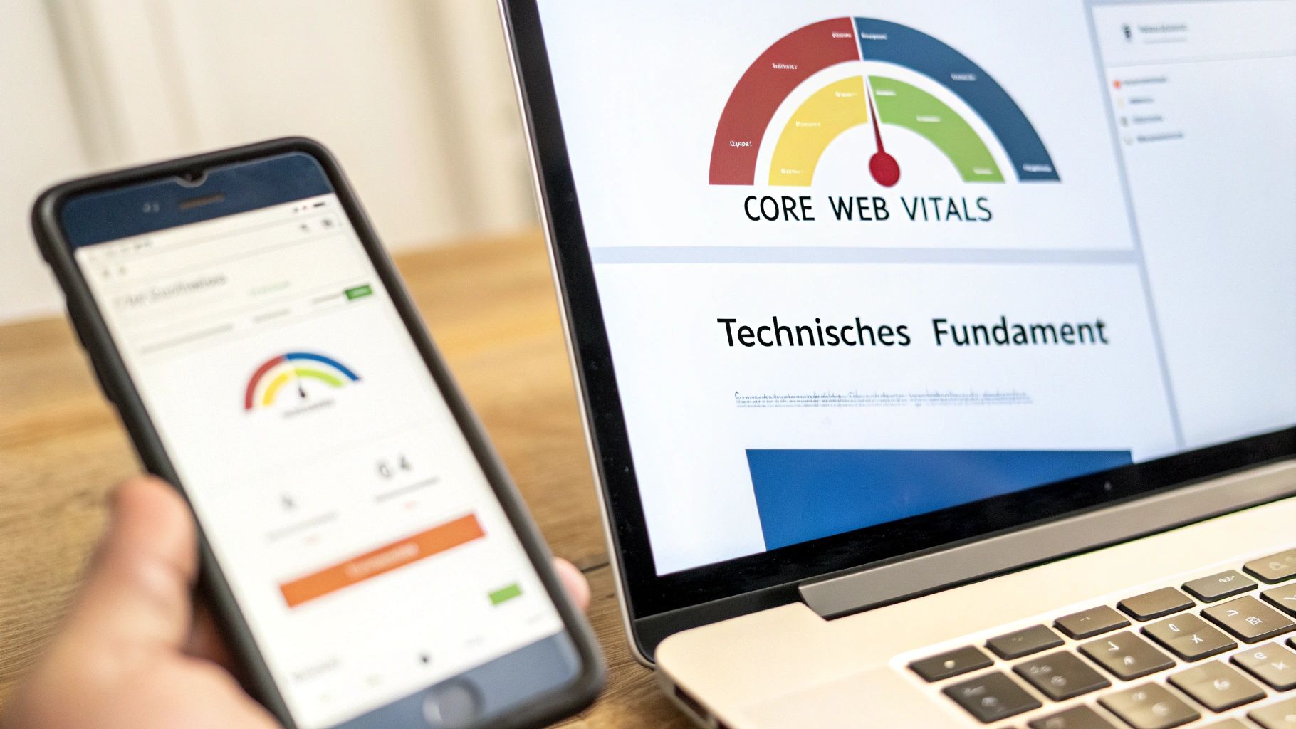 Eine Person arbeitet an einem Laptop, während Zahnräder und technische Symbole den Prozess der Website-Optimierung darstellen