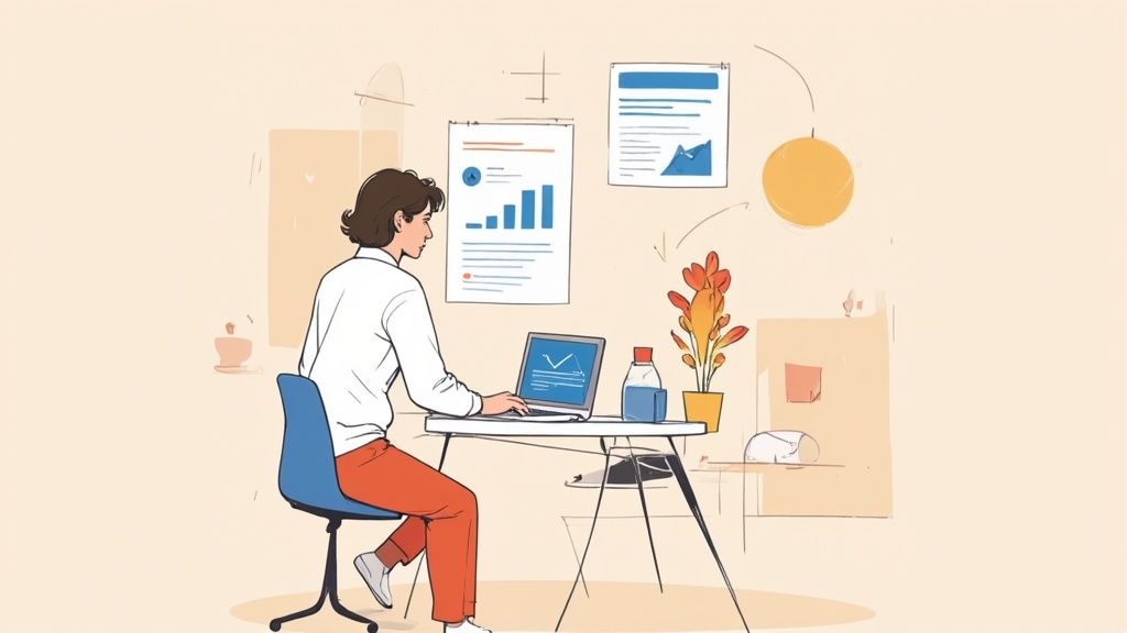 Ein kreativer Prozess der Content-Erstellung wird visualisiert, mit Notizblöcken, Stiften und einem Laptop auf einem Schreibtisch.