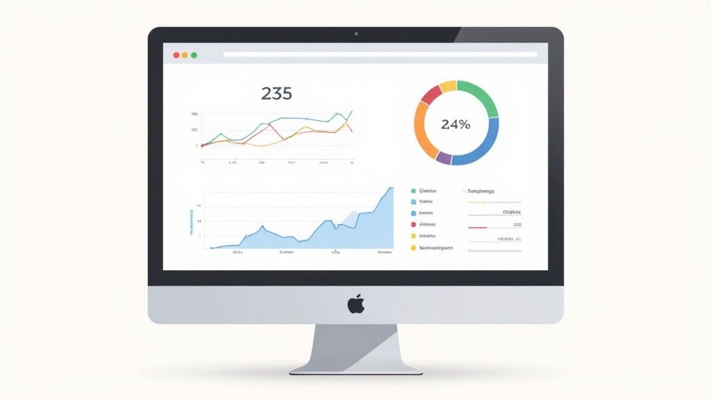 Eine Person sitzt vor einem Laptop und analysiert Diagramme und Graphen zum Online-Marketing.
