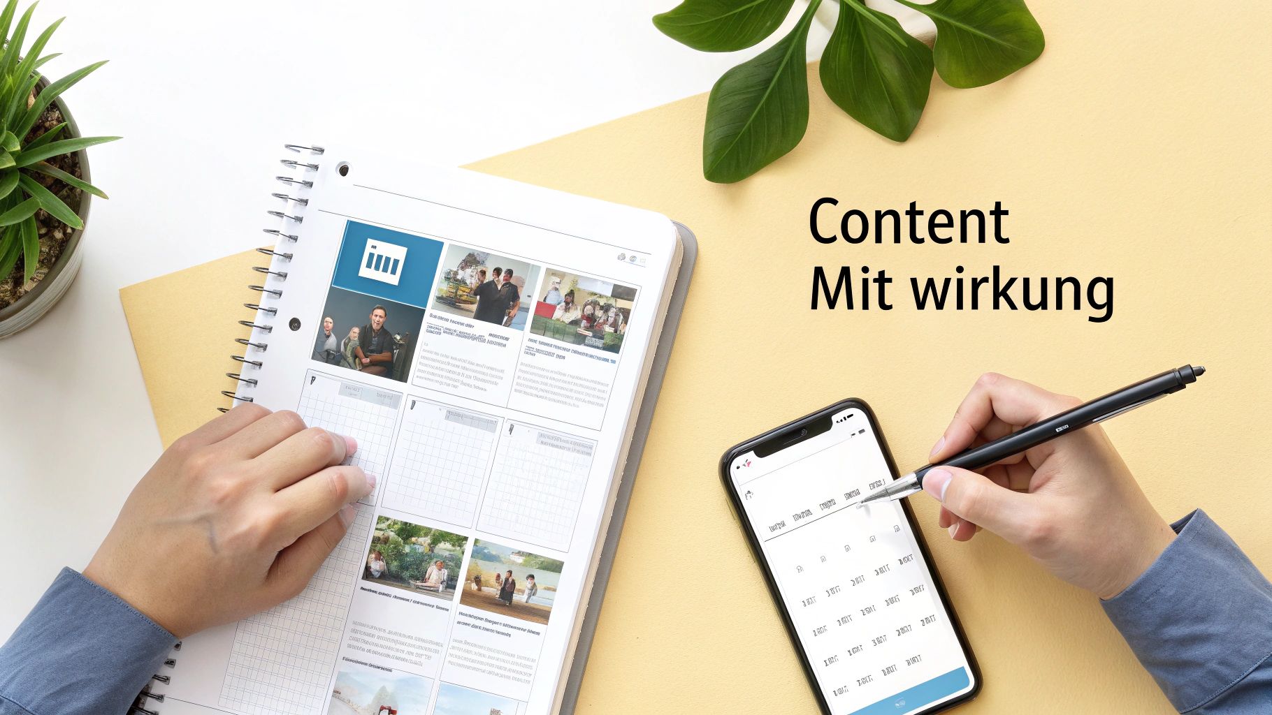 Eine Person arbeitet an einem Laptop und plant eine LinkedIn-Content-Strategie