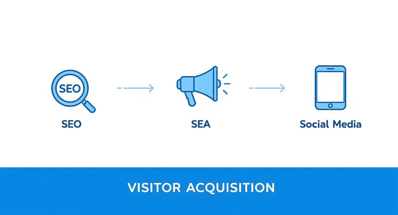 Eine Infografik, die den Prozess der Besuchergewinnung über SEO, SEA und Social Media darstellt.
