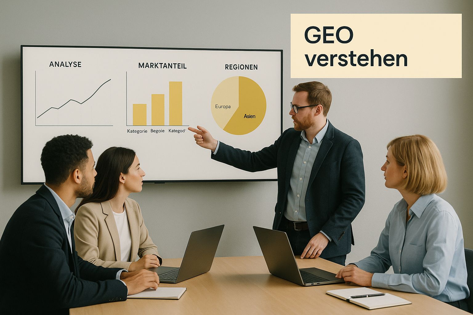 Infografik zeigt ein modernes Team um einen Konferenztisch, das GEO-Daten analysiert, mit dem Text „GEO verstehen“ in der Ecke.