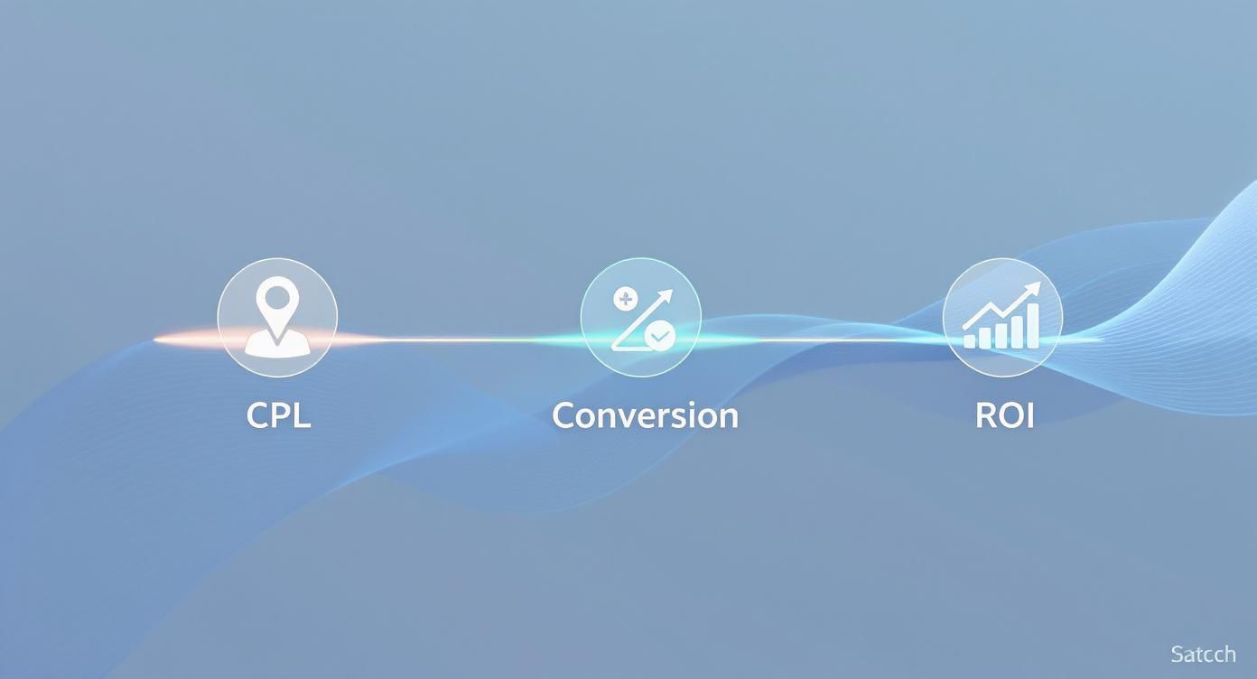 Infografik, die den B2B-KPI-Prozess mit Schritten für CPL, Conversion und ROI in Blautönen darstellt.