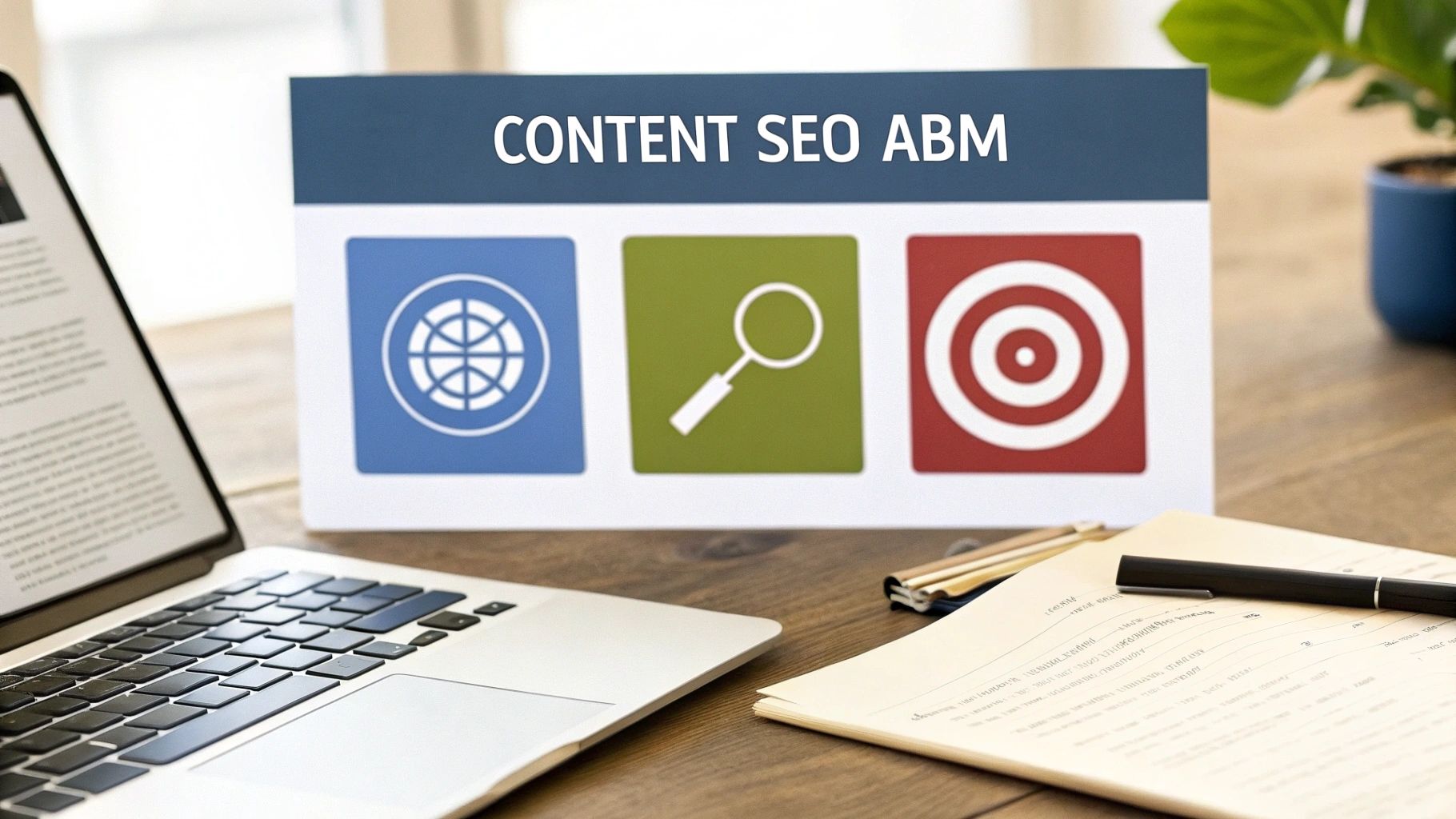 Drei ineinandergreifende Zahnräder mit Symbolen für Content, SEO und gezieltes Marketing, die die Säulen einer B2B-Strategie darstellen.