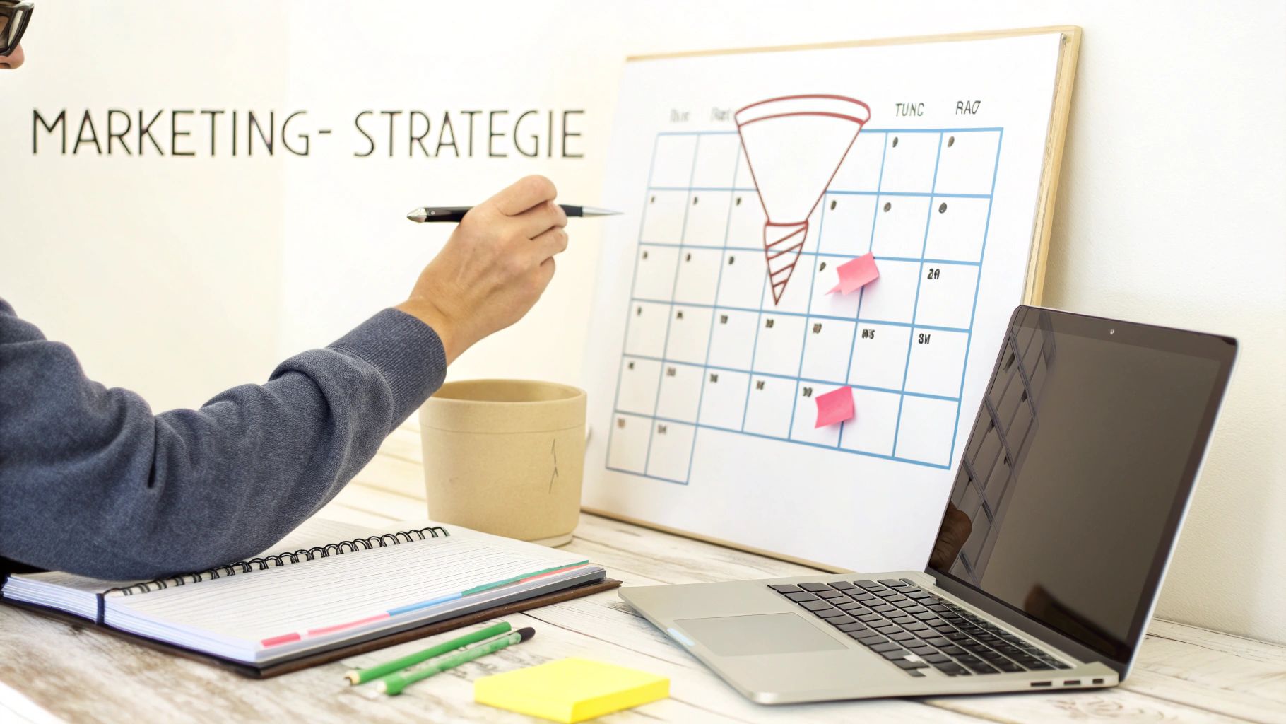 Eine Person plant eine Marketingstrategie auf einem Whiteboard