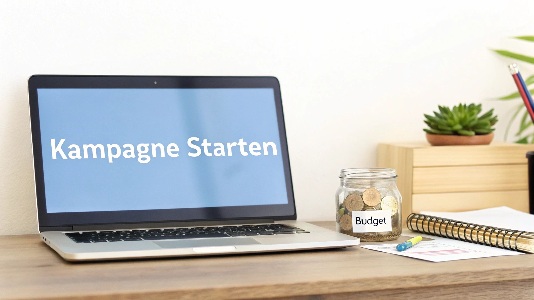 Eine Person plant an einem Schreibtisch mit Laptop und Notizen eine digitale Marketingkampagne