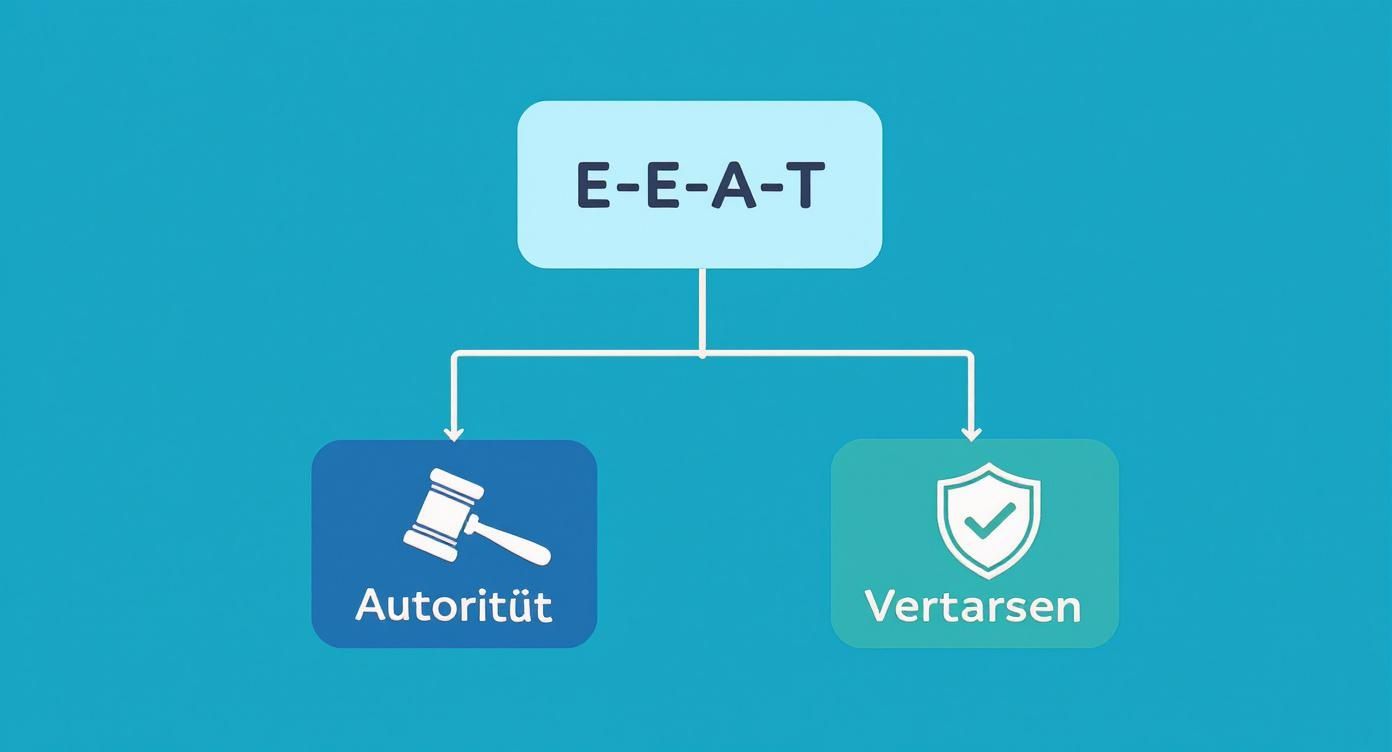 Eine Hierarchie-Diagramm-Infografik, die E-E-A-T an der Spitze zeigt und sich in die beiden Säulen Autorität (symbolisiert durch einen Hammer) und Vertrauen (symbolisiert durch ein Schild) verzweigt.
