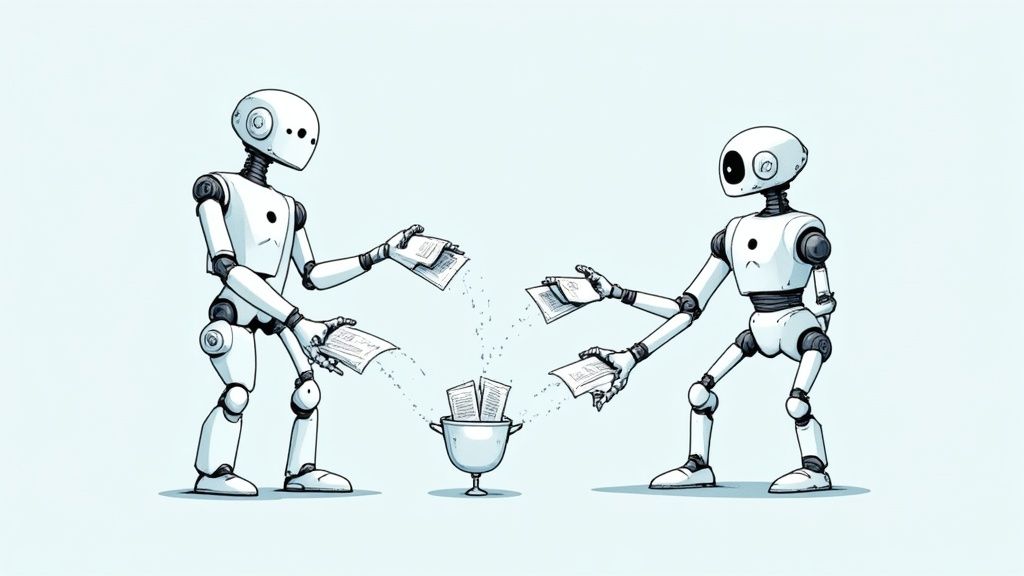 Ein Roboterarm sortiert sorgfältlich Lead-Symbole auf einem digitalen Förderband, was die Automatisierung der Lead-Generierung symbolisiert.