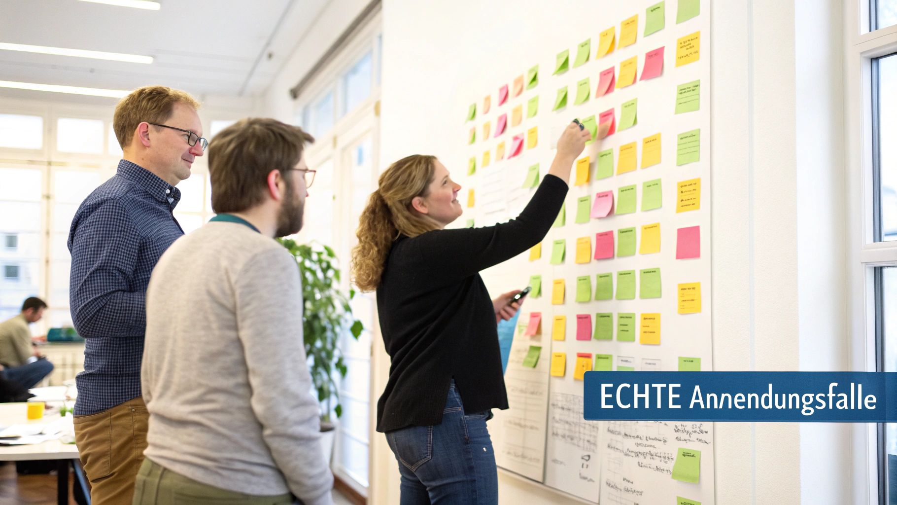 Eine Collage, die verschiedene Geschäftsszenarien darstellt, darunter eine E-Commerce-Seite, ein B2B-Technologie-Whitepaper und eine lokale Agentur, die an einer Wettbewerbsanalyse arbeitet.