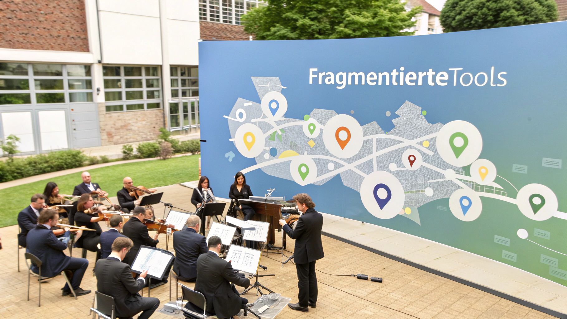 Eine abstrakte, futuristische Visualisierung von Datenpunkten auf einer Weltkarte, die miteinander verbunden sind und ein komplexes Netzwerk bilden.