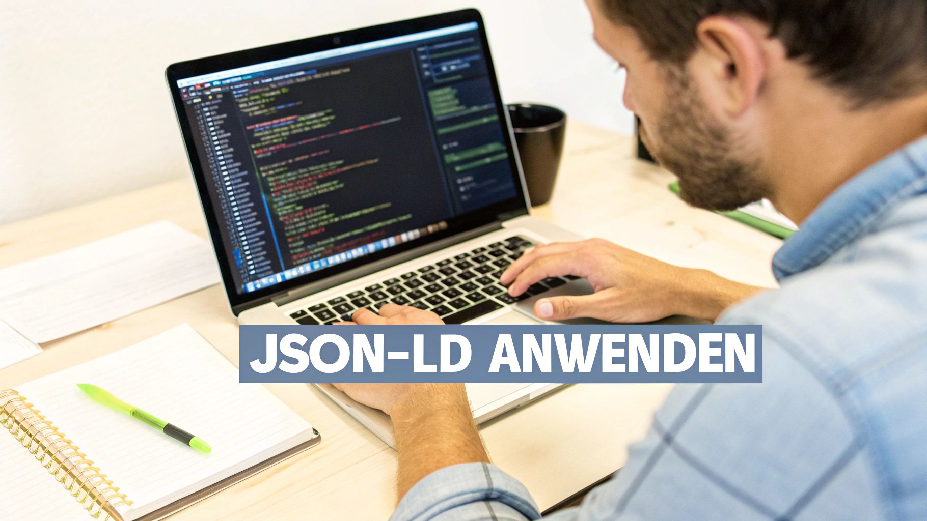Eine stilisierte Darstellung des Prozesses der Implementierung von JSON-LD, von der Code-Erstellung bis zur Validierung.