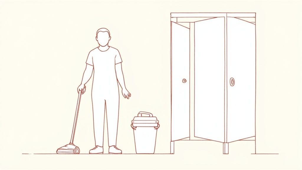 A professional cleaner using a checklist on a clipboard inside a modern office.