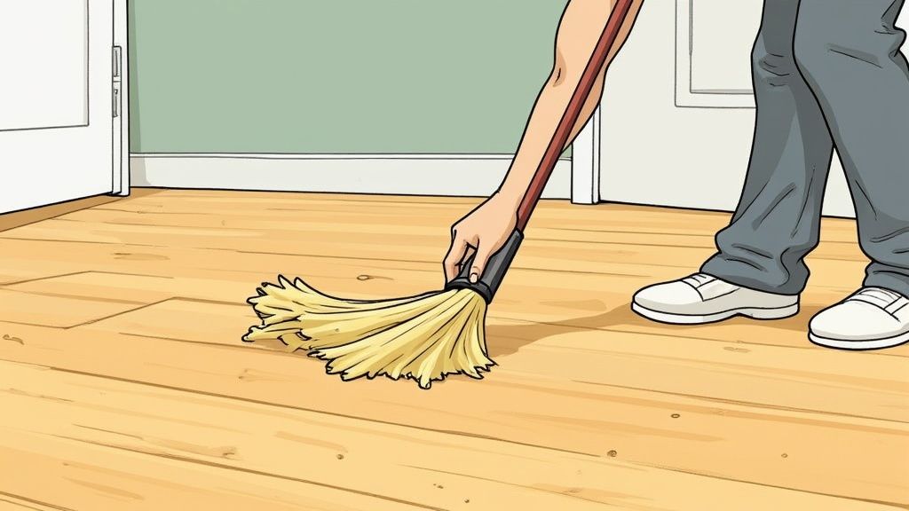A collection of safe cleaning tools for engineered hardwood, including a microfiber mop and soft-bristle broom.