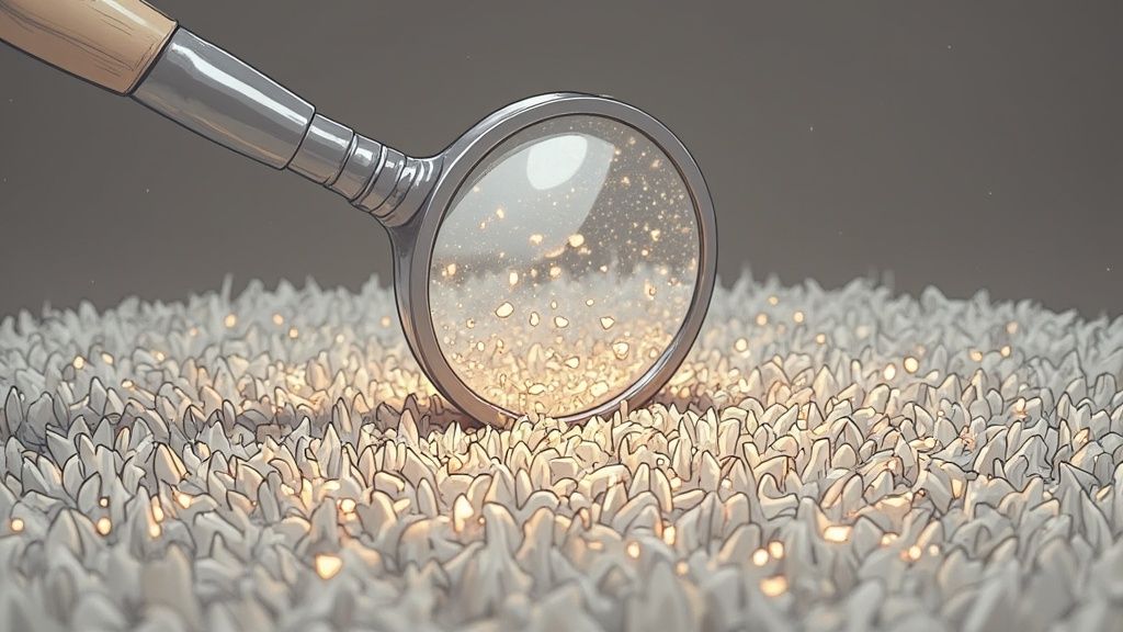 A frustrated person looking at a cat urine stain on a beige carpet.