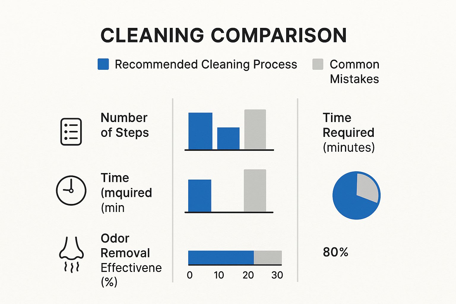 Infographic comparing the steps, time, and effectiveness of recommended cleaning processes versus common mistakes.
