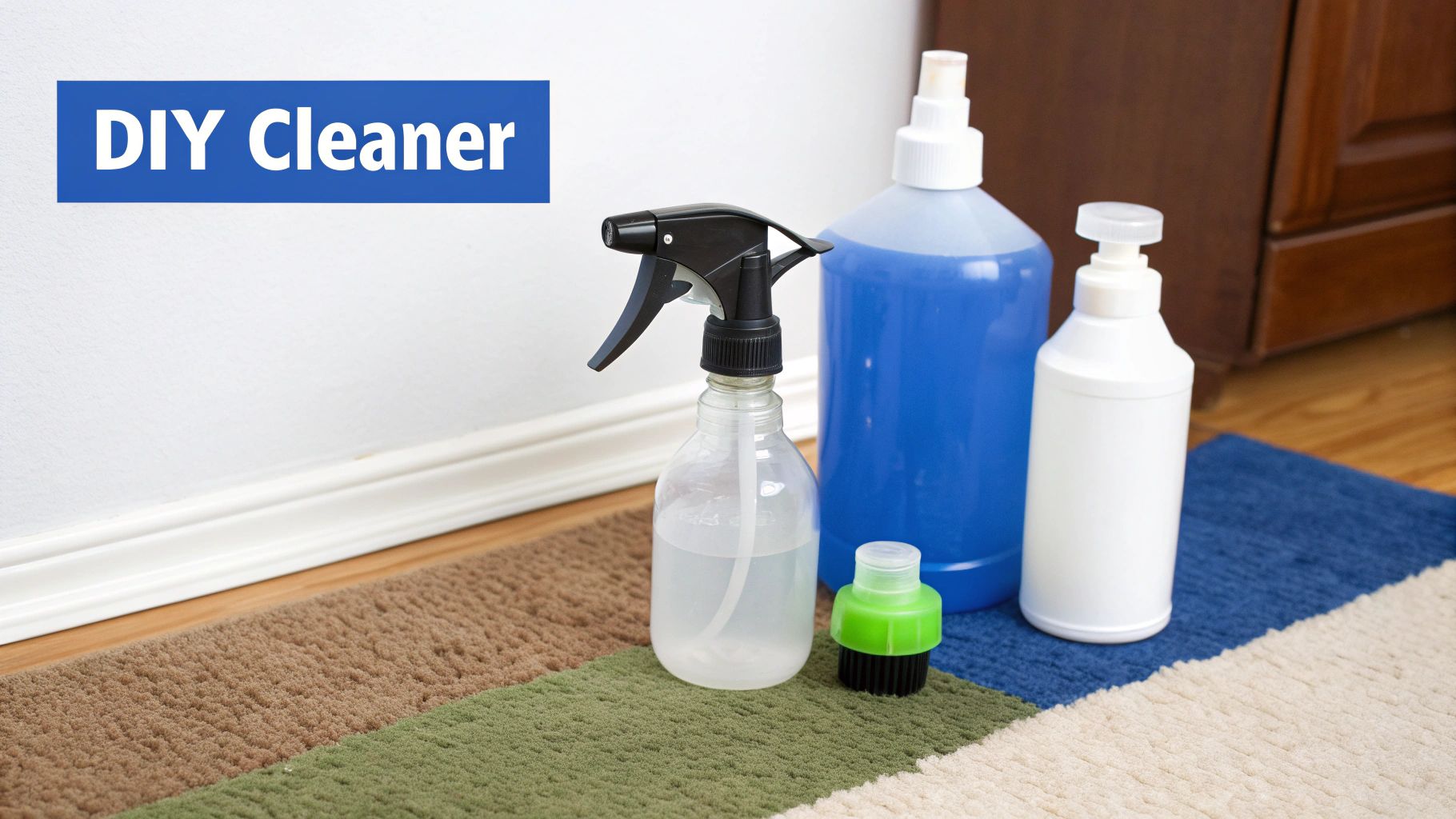 A bottle of enzymatic cleaner placed next to a clean spot on a carpet, symbolising its effectiveness.