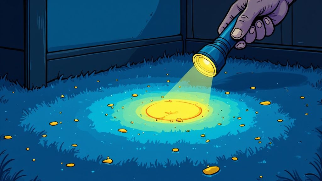 A UV blacklight illuminating a hidden, glowing cat urine stain on a dark carpet.