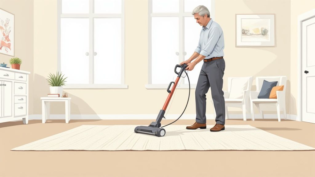 A professional rug cleaner using specialised equipment on a large sisal rug in a well-lit room.