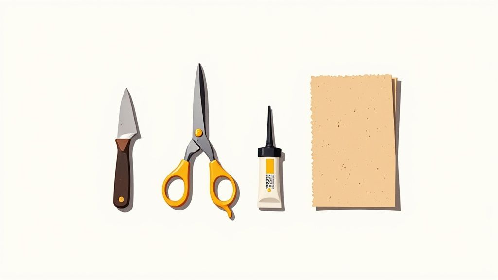 A collection of DIY carpet repair tools including scissors, a utility knife, and adhesive.