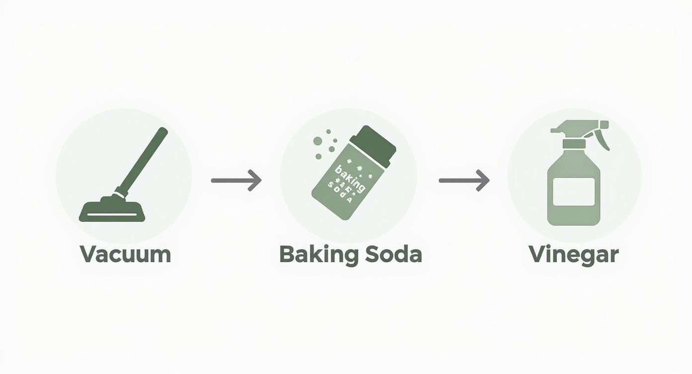 Infographic showing the three-step odor removal toolkit: a vacuum, a box of baking soda, and a spray bottle of vinegar.
