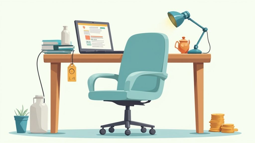 A professional cleaner wiping down an office desk with a microfibre cloth and spray bottle.