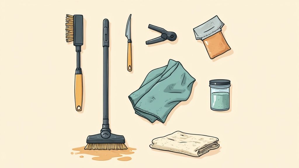 A collection of cleaning supplies including a soft brush, white cloth, and spray bottle on a wooden surface.
