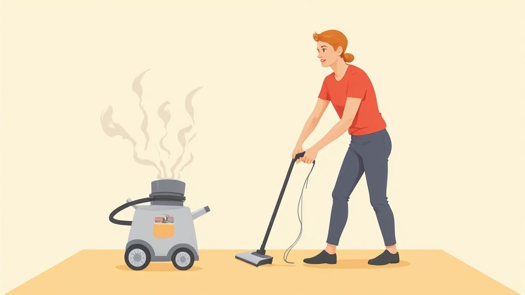A person using a steam cleaner on a light-coloured carpet in a well-lit living room.