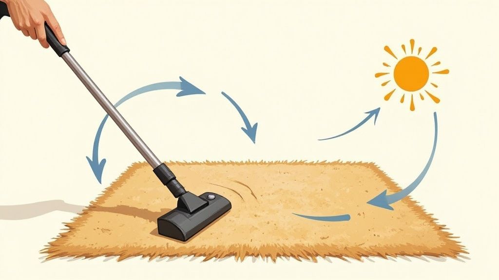 A person vacuuming a sisal rug with a suction-only attachment in a bright, clean room.
