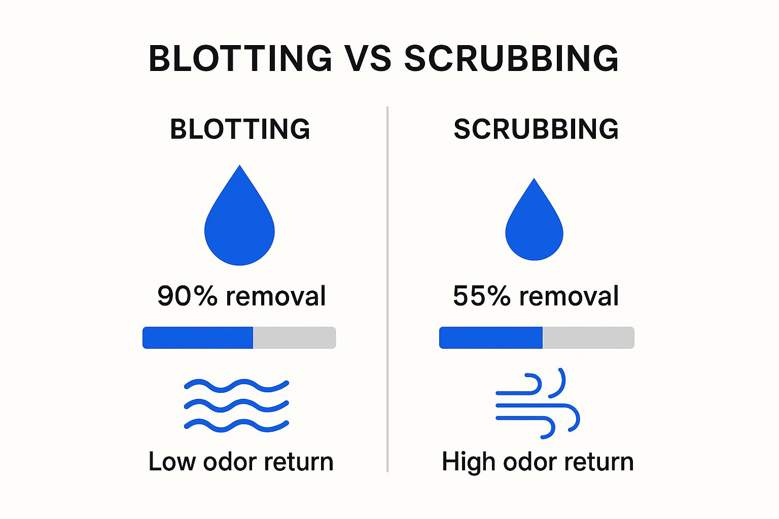 Infographic comparing blotting vs scrubbing on a pet stain, showing blotting removes 90% of liquid with low odour return, while scrubbing only removes 55% and leads to high odour return.