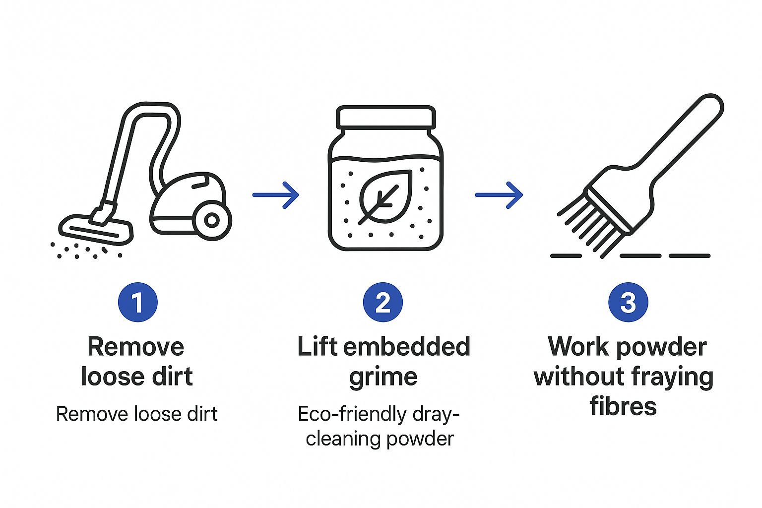 Infographic showing the three-step process for cleaning a sisal rug: vacuuming, applying dry-cleaning powder, and brushing it in.