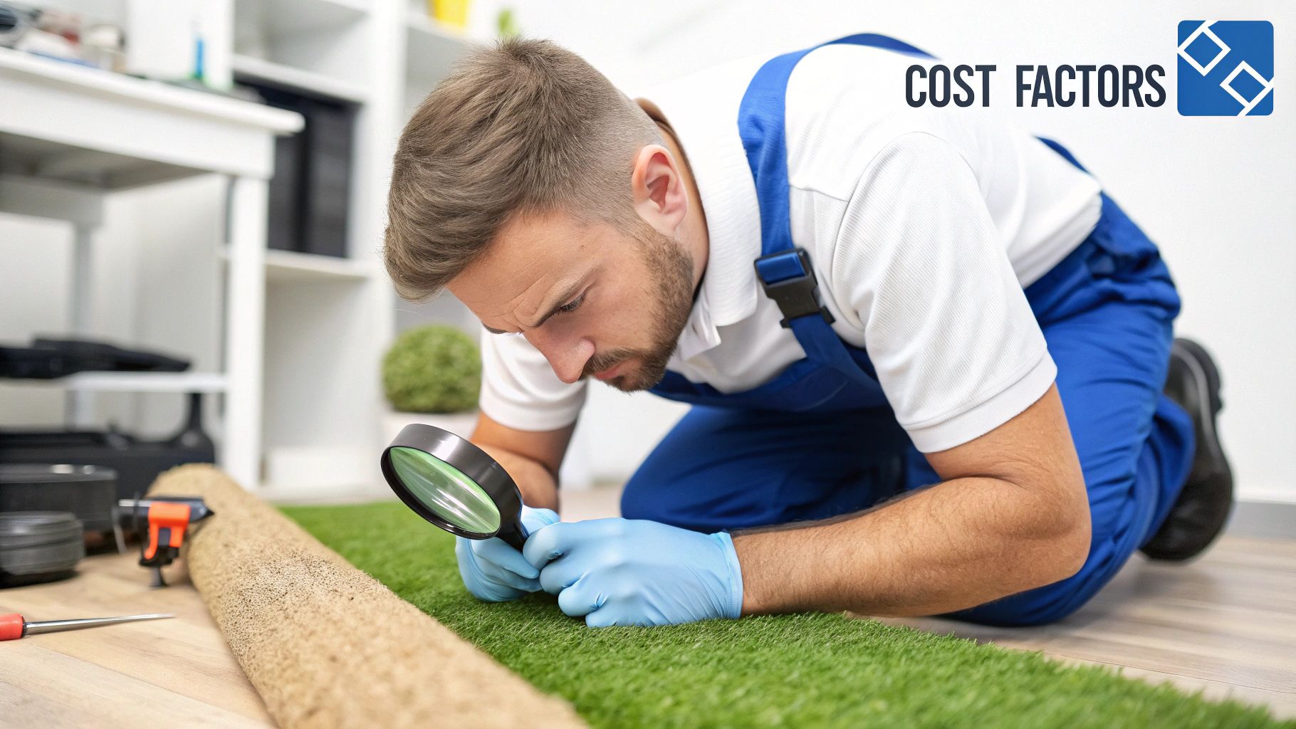 Professional cleaner using a hot water extraction machine on a light-coloured carpet in a well-lit living room.