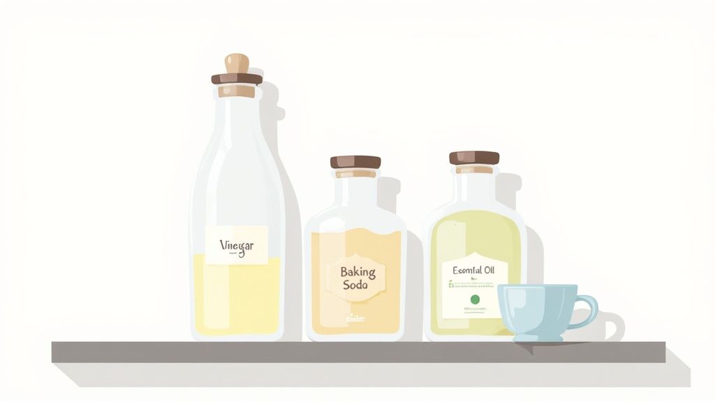 A person choosing between a DIY spray bottle, a commercial eco-friendly product, and a phone to call a professional service.