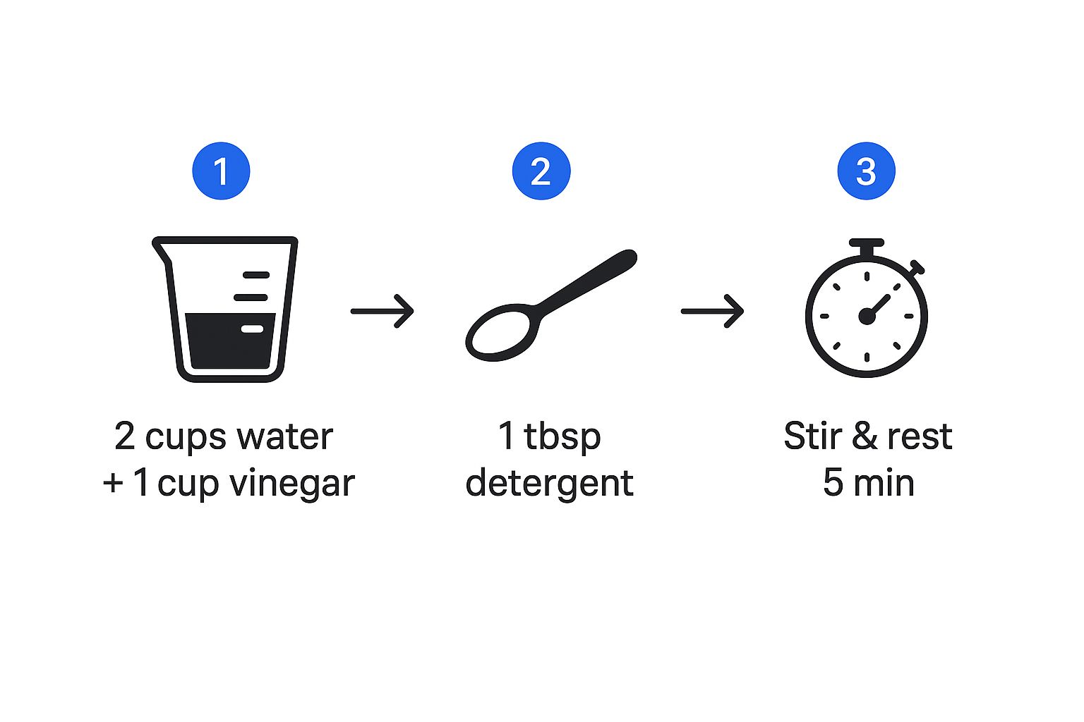 Infographic showing a recipe for a DIY carpet cleaning solution with vinegar, washing up liquid, and warm water.