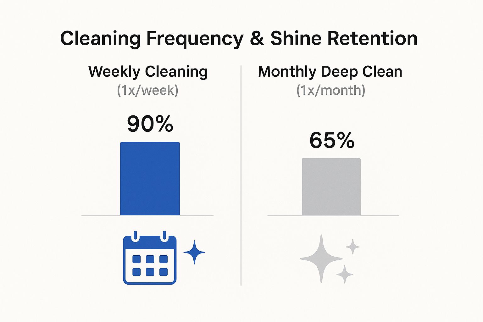 An infographic comparing shine retention between weekly light cleaning and monthly deep cleaning for wooden floors.