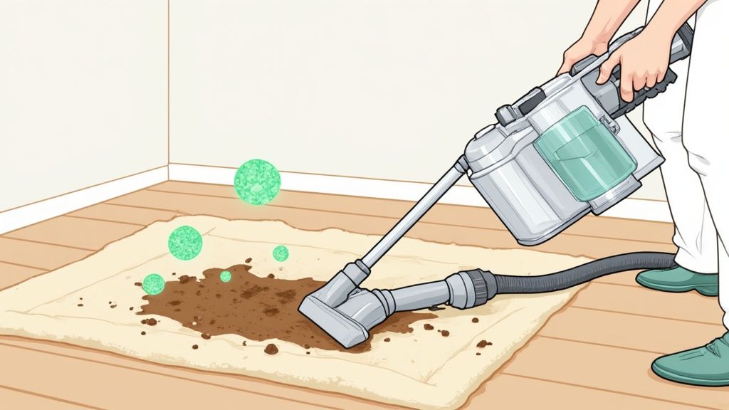 A professional applying a dry cleaning compound to a rug before agitation.