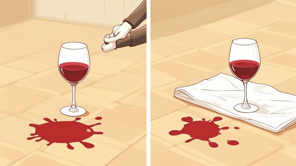 A cloth wiping a small stain from a parquet floor