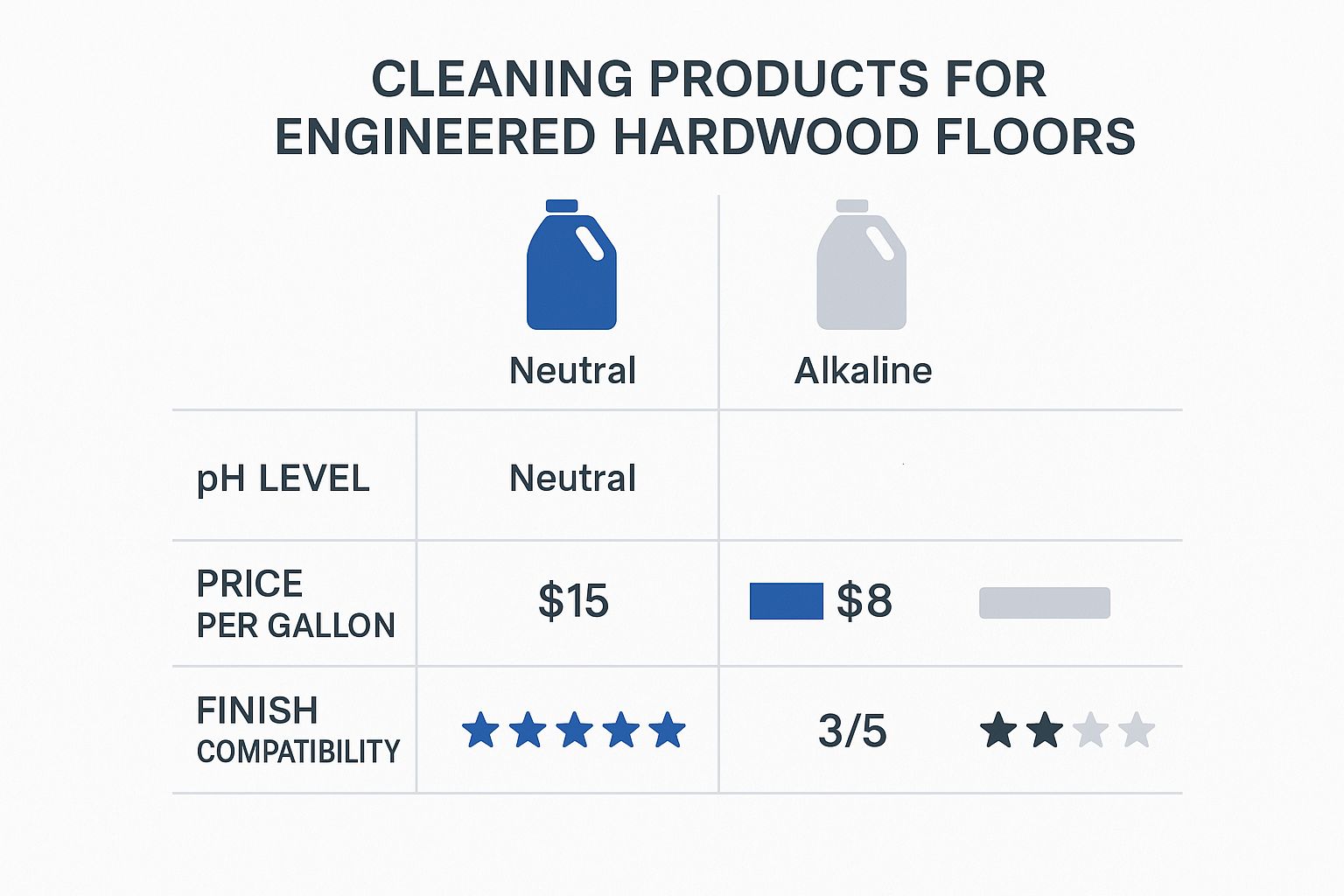Infographic comparing pH-neutral and alkaline cleaners for engineered hardwood floors.