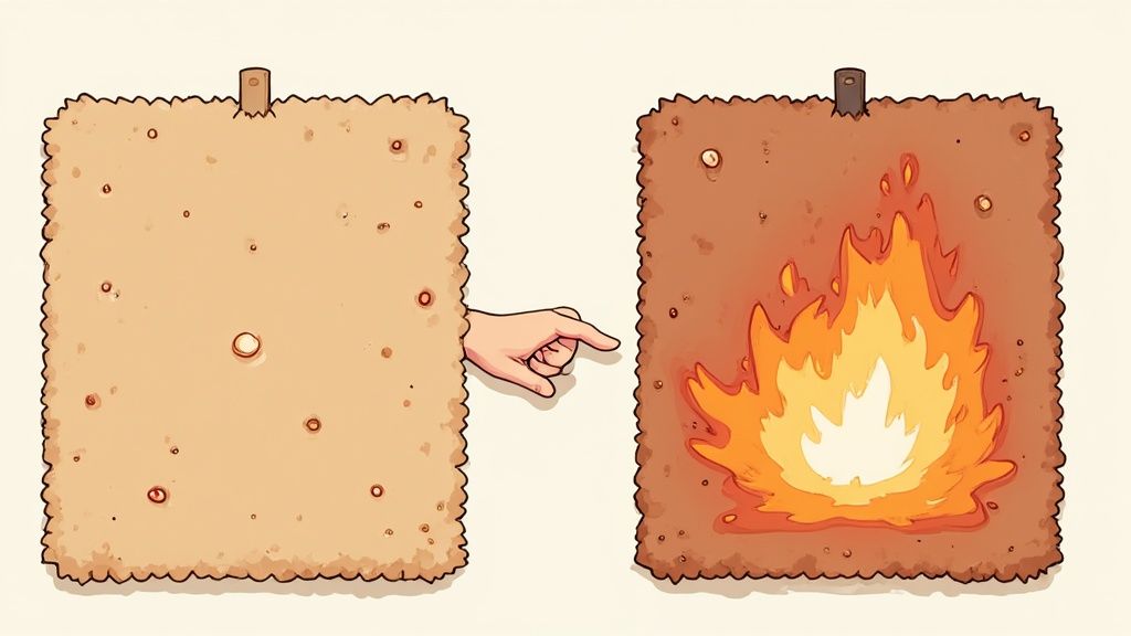 A close-up view of a dark scorch mark on a light-coloured carpet