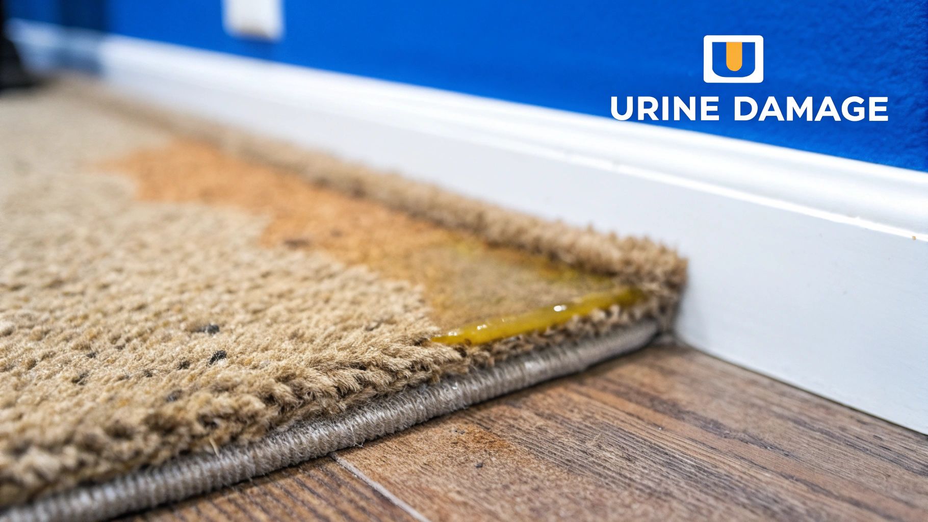 A dog looking guiltily at a urine stain on a light-coloured carpet.