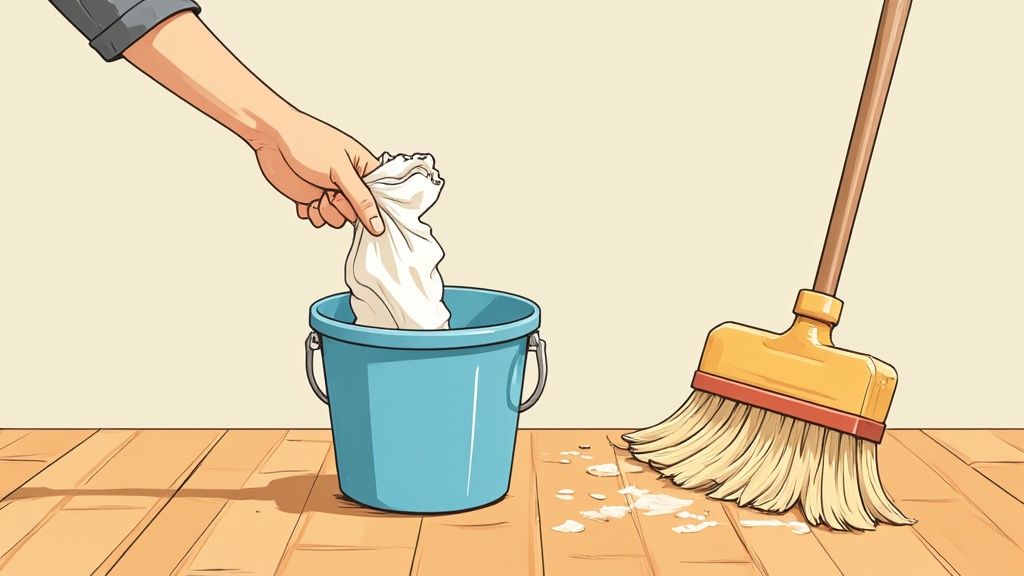 A person using a microfibre mop to clean a parquet floor.
