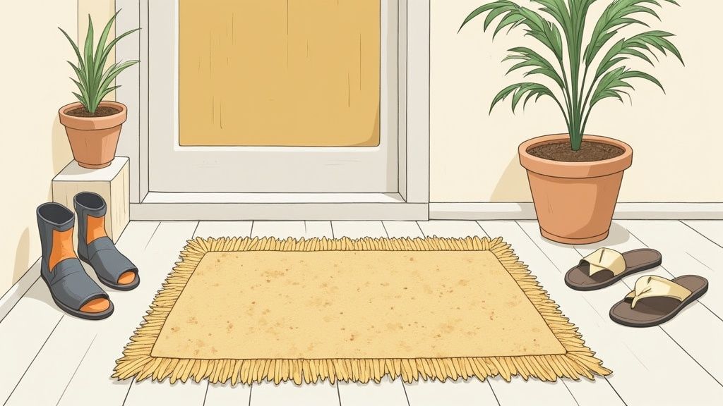 A person examining a sisal carpet with a magnifying glass, symbolising common questions and concerns.