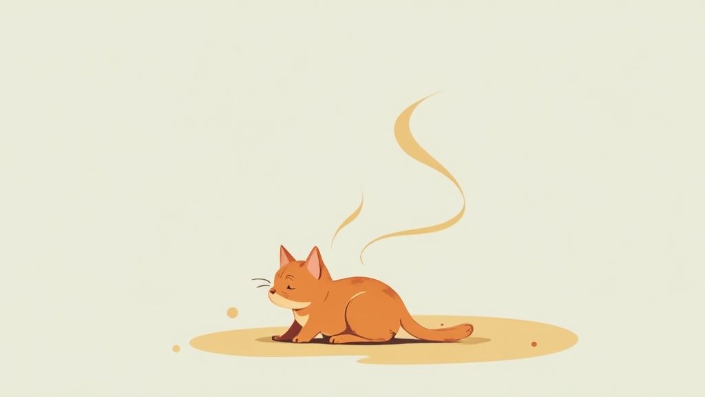 A person spraying carpet cleaner onto a cat urine stain on a light-coloured carpet.