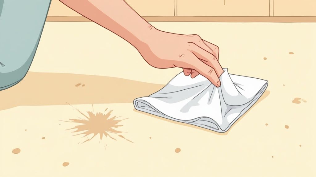 A person blotting a fresh cat urine stain on a light grey carpet with a clean white towel.