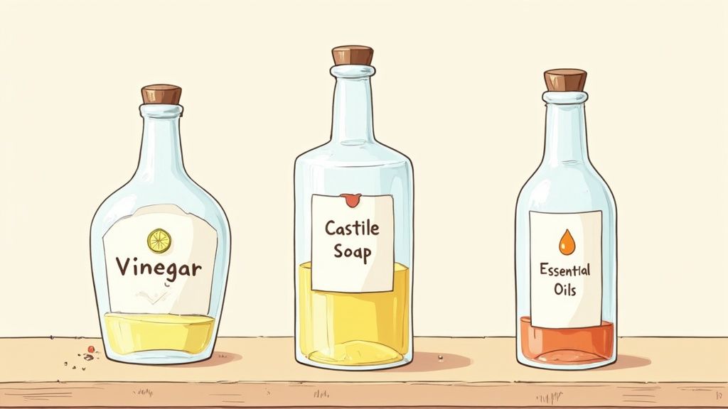 Three spray bottles containing homemade non-toxic floor cleaners surrounded by ingredients like vinegar, lemons, and herbs.