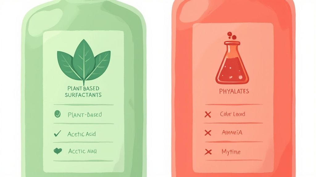 A person reading the label on a bottle of non-toxic floor cleaner.