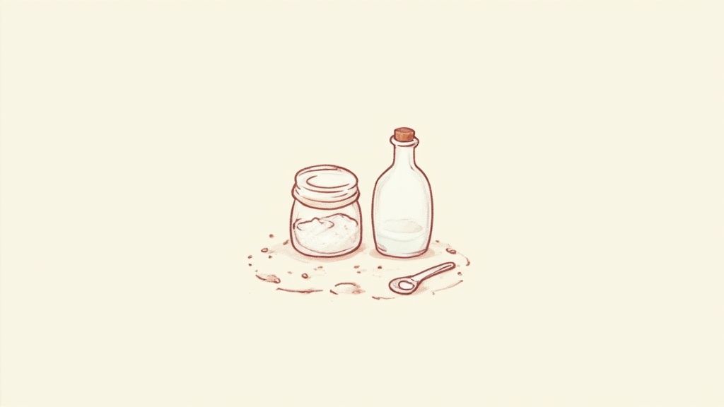 A spray bottle and a bowl of bicarbonate of soda on a clean carpet, ready for DIY cleaning.