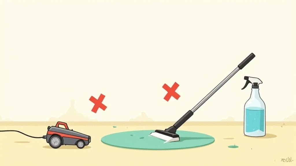 A red cross symbol over a steam cleaner on a carpet, signifying a cleaning mistake.