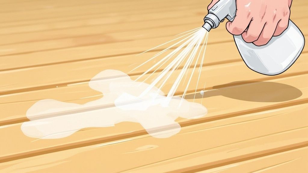 A close-up of a person using a damp microfiber mop on a wooden floor, showing the low-moisture technique in action.