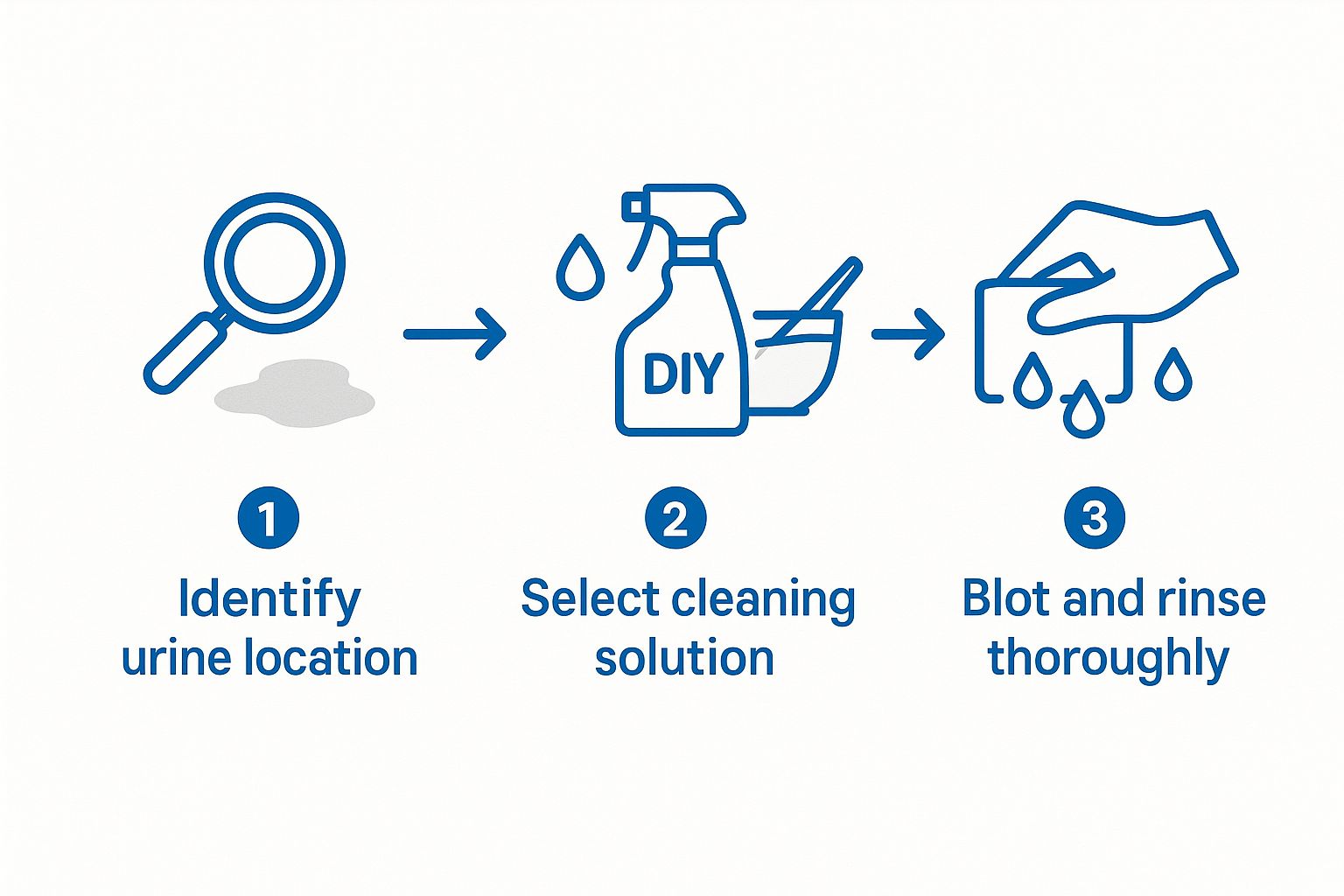 Infographic showing the process of identifying a urine stain, selecting a cleaning solution, and then blotting and rinsing the area.